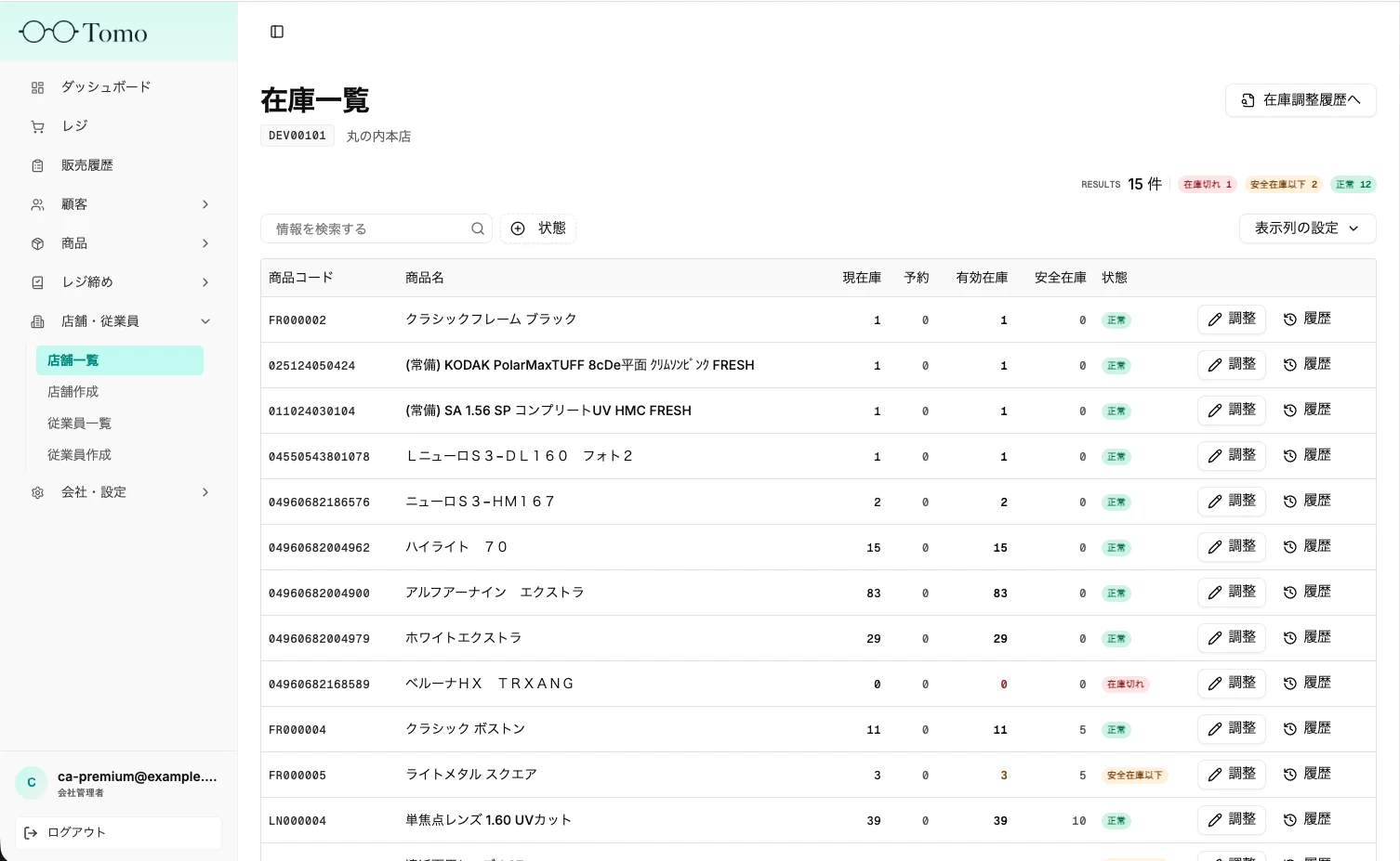 在庫一覧。商品ごとに現在庫・予約・有効在庫・安全在庫が並び、安全在庫を下回った商品に「安全在庫以下」バッジが表示されている。